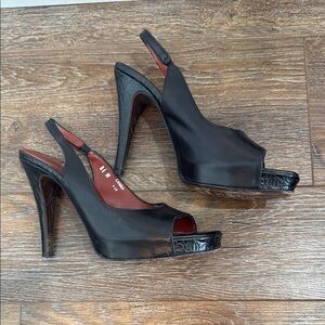 Donald J. Pliner Black Leather Peep-Toe Slingback Heels with Red Insole